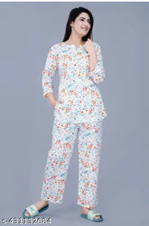 White and blue floral print viscose rayon night suit set, featuring a top with three-quarter sleeves and pyjamas, suitable for lounging at home